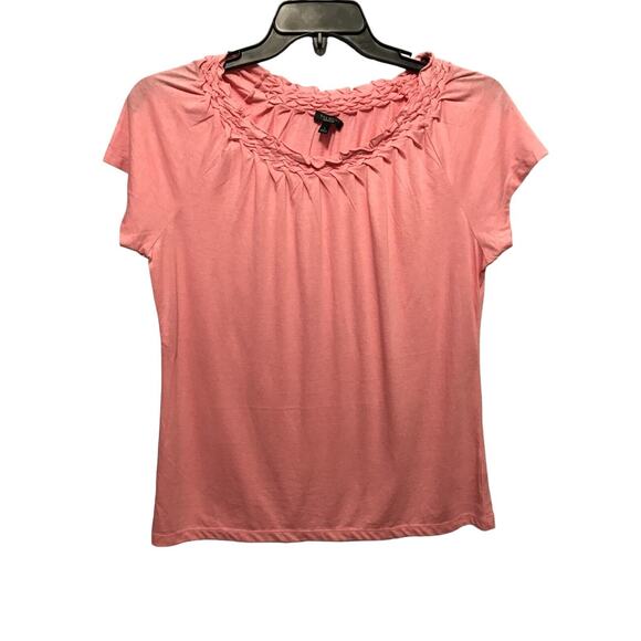 Talbots Size Large Woven Neckline Knit Top Pink Cap Sleeve Dainty Stretch - Picture 1 of 8